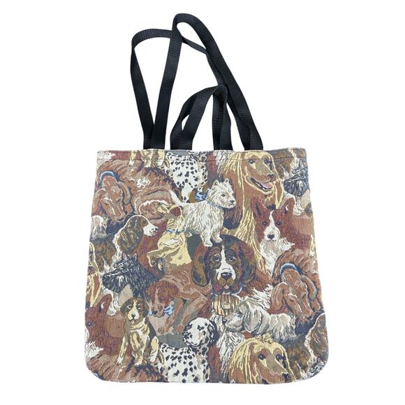 Tapestry- Tote Bag- Assorted Dog Patterned Fabric- 16x15" bag size- brown black - Picture 1 of 6